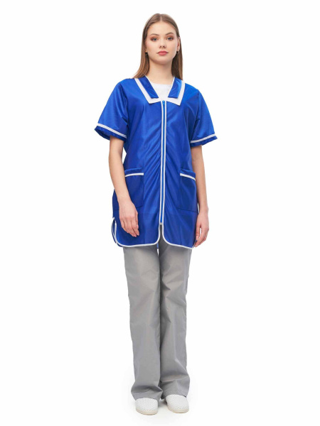 Халат женский нейлоновый (кор. рукав) васильковый, на молнии